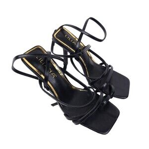 Liliana Heels Womens Size 6.5 Strappy Stilettos Square Black Gold Sexy 4" High